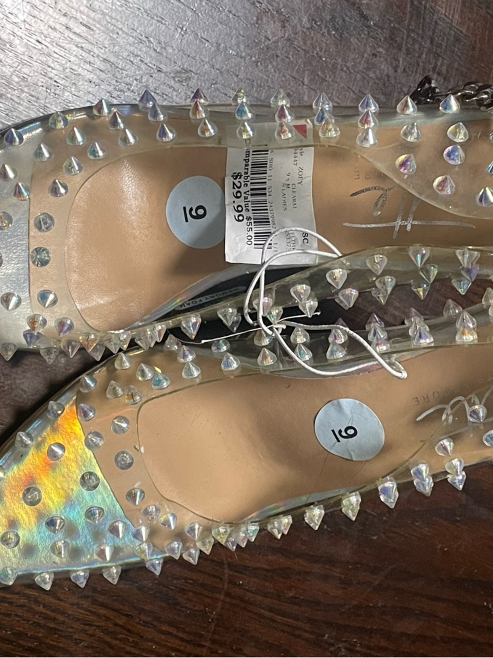 Clear Pointed Spike-Stud Heels with Chain Ankle Strap - Iridescent - Picture 3 of 4